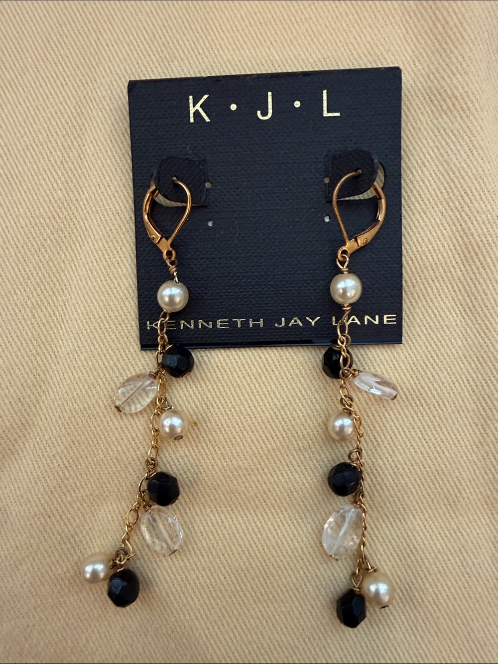 Kenneth Jay Lane Gold-Tone Pearl, Black & Clear Bead Dangle Earrings - Picture 1 of 3